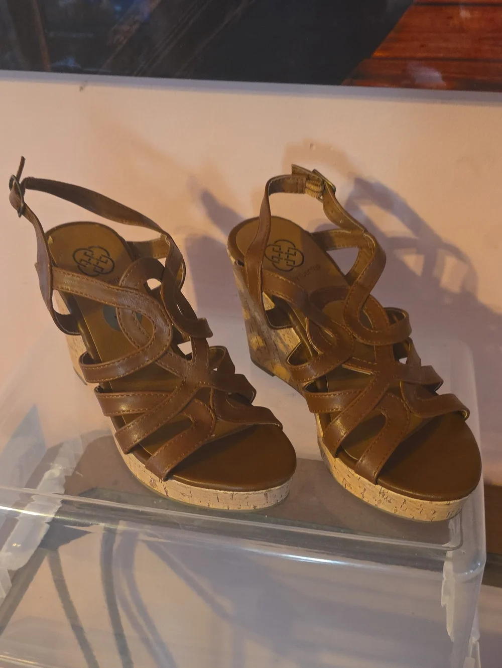 Tan Leather Strappy Cork Wedge Sandals